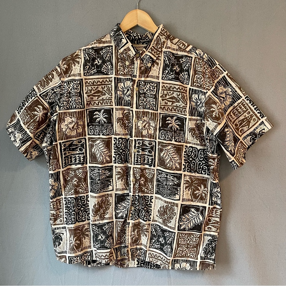 Vtg Reyn Spooner XL Hawaiian Shirt Tapa Block Print USA Cotton